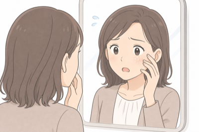 鏡で肌の乾燥に気づくシーン